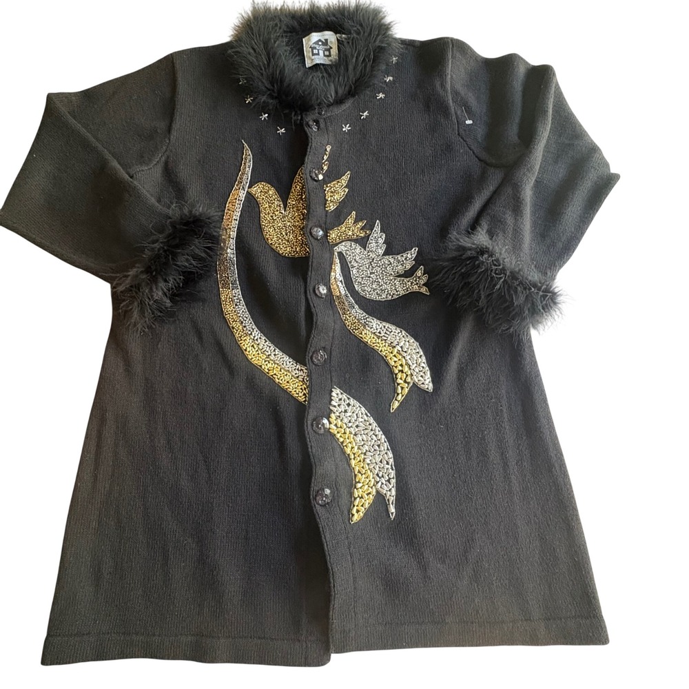 Vintage Storybook Knits Black Beaded Dove Faux Fur Cardigan Sweater Womens 1X